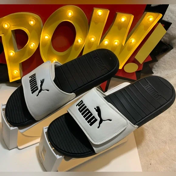 PUMA Cool Cat V White / Black Cat Logo 
Adjustable Mens Slide Sandals
Size 12 - Picture 3 of 8